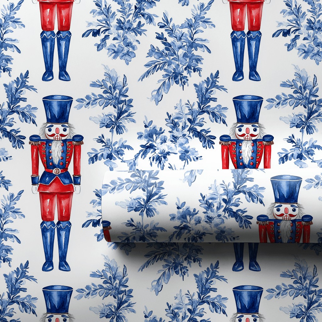 Blue Toile Floral Gift Wrap, Nutcracker Wrapping Paper, Watercolor Nutcracker Soldier Wrapping Paper, Christmas Holiday Prese