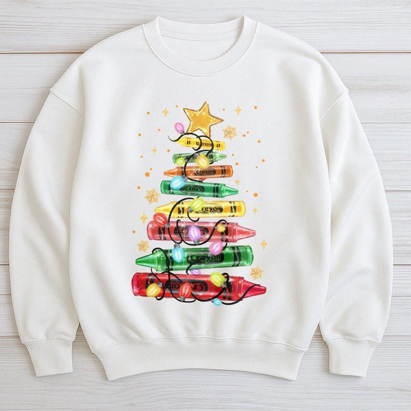 Art Teacher Holiday Crewneck, Christmas Crayon Tree Sweatshirt, Adorable School Staff Christmas Sweater, Festive Teacher Pull