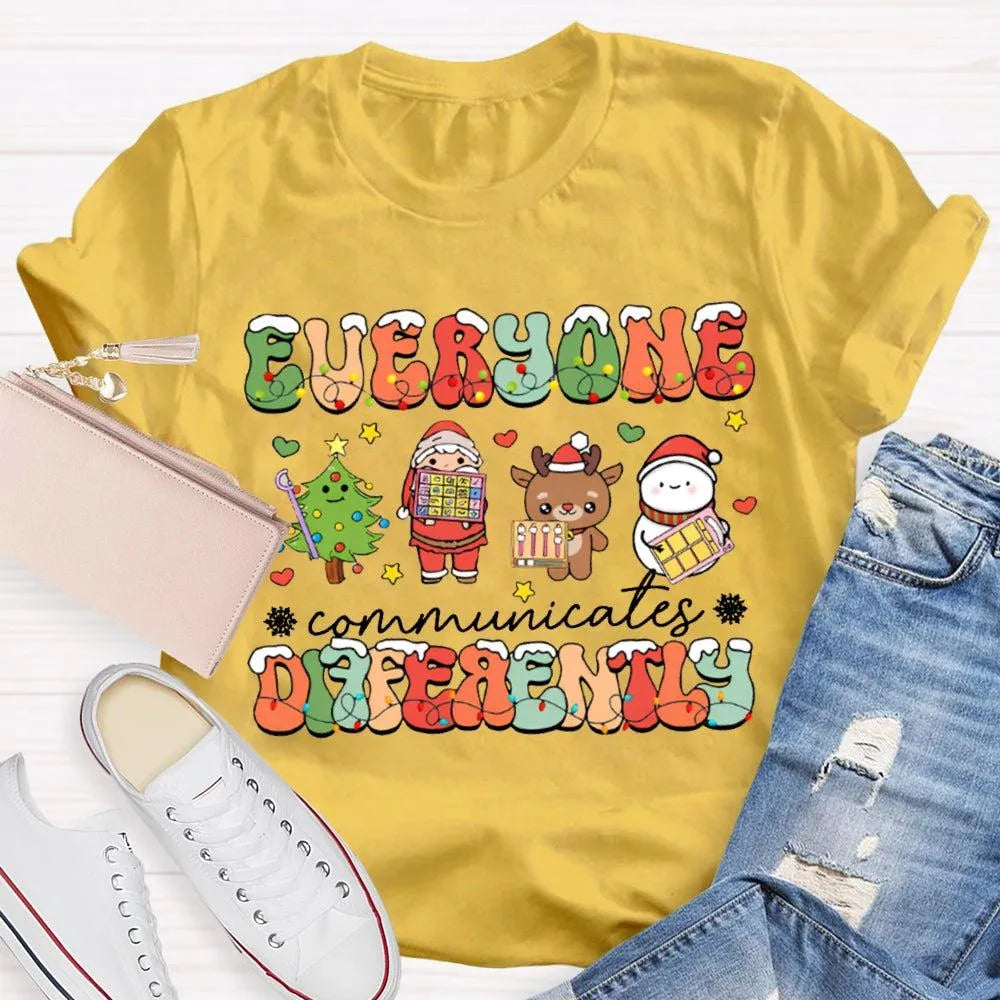 Festive Lights Neurodiversity Tee, Everyone Communicates Differently Christmas Shirt, SPED Teacher Holiday T-Shirt, ASL Xmas 