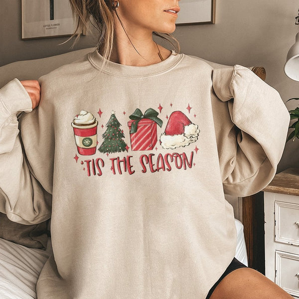 Adorable Christmas Coffee Sweatshirt, Tis the Season Sweatshirt, Holiday Tree Graphic Crewneck Sweatshirt, Winter Xmas Pullov