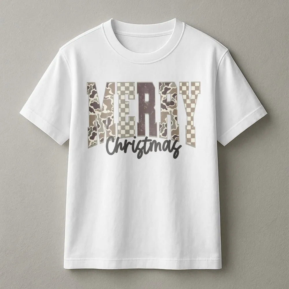 Distressed Camouflage Shirt, Merry Christmas Camo T-Shirt, Rustic Hunting Graphic Tee, Holiday Outdoorsman T-Shirt, Hunter Ch