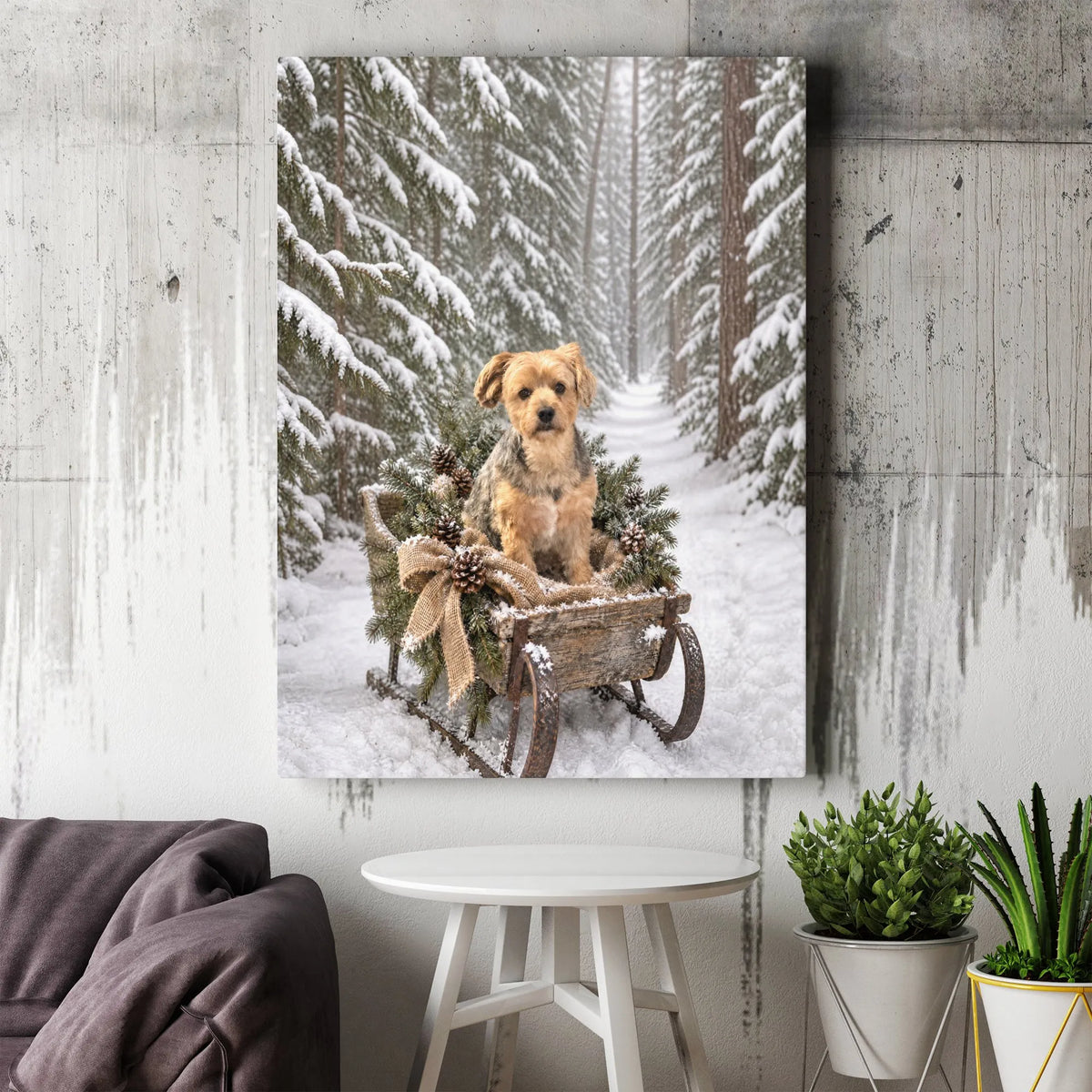 Snowy Forest Dog Wall Art, Winter Terrier Sled Canvas, Christmas Puppy Sleigh Canvas Print, Rustic Holiday Dog Lover Wall Dec