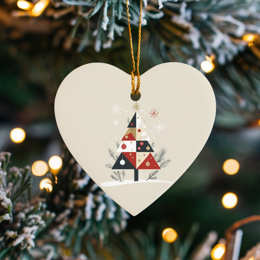 Modern Patchwork Heart Ornament, Geometric Christmas Tree Heart Ornament, Glossy Ceramic Holiday Heart Ornament, Festive Xmas