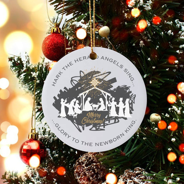 Nativity Scene Christmas Ornament, Hark the Herald Angels Sing Ornament, Christian Holiday Ceramic Ornament, Religious Xmas T