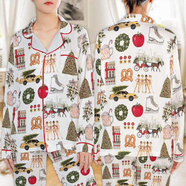 NYC Holiday City Pajama Set, Christmas New York Satin Pajama Set, Winter Aesthetic Loungewear, Silky Long Sleeve Pajama Set, 