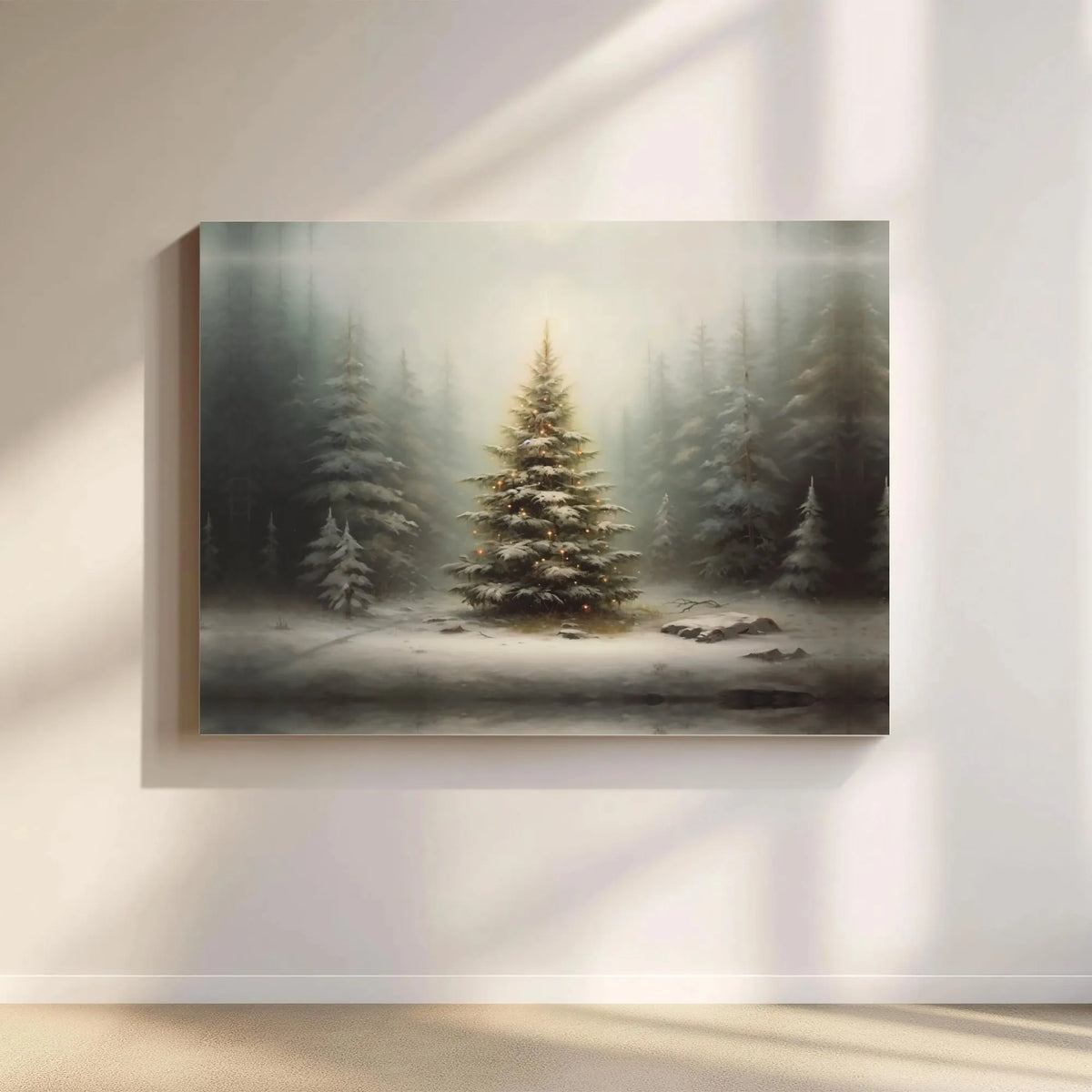 Illuminated Holiday Landscape Wall Decor, Snowy Winter Forest Christmas Tree Canvas Art, Comfy Winter Canvas Print, Christmas