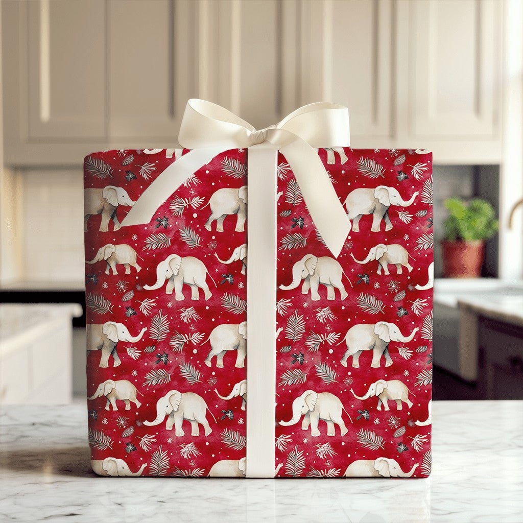 Festive Red Elephant Gift Wrap, Watercolor White Elephant Wrapping Paper, Christmas Elephant Wrapping Paper, Winter Botanical