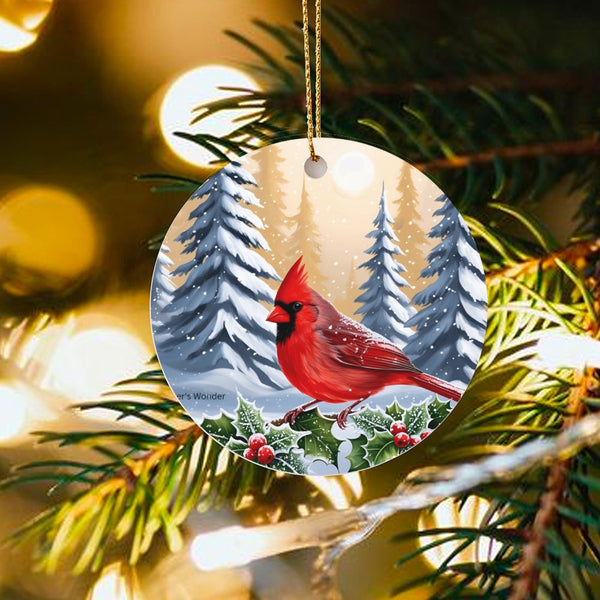 Winter Snowy Forest Bird Tree Ornament, Red Cardinal Ceramic Ornament, Cardinal Christmas Ornament, Wildlife Bird Lover Holid