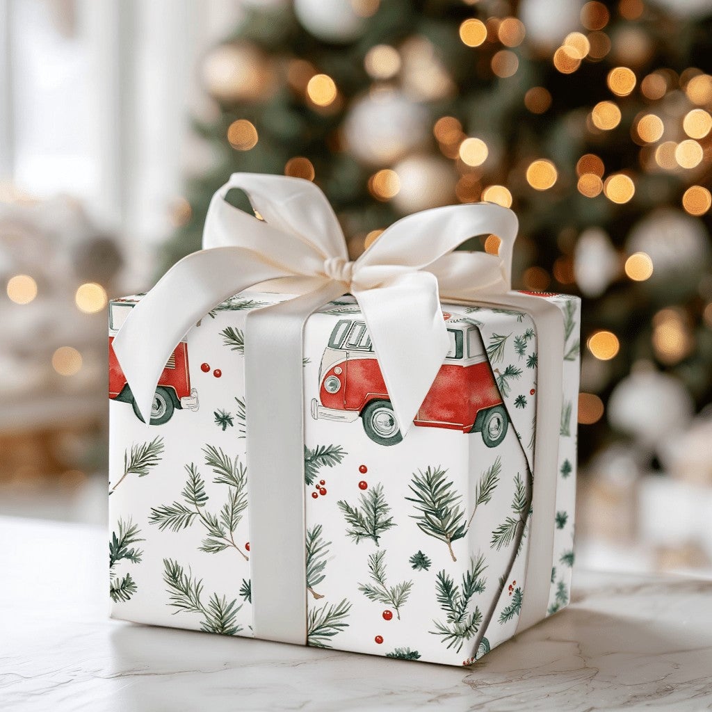 Retro Camper Van Gift Wrap, Vintage Red Camper Wrapping Paper, Christmas Camper Holiday Paper Roll, Winter Greenery Gift Wrap