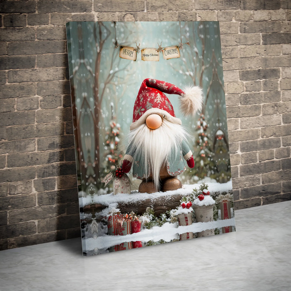 Snowy Winter Woodland Scene Canvas Print, Christmas Gnome Canvas Wall Art, Festive Holiday Wall Decor, Nordic Gnome Xmas Home