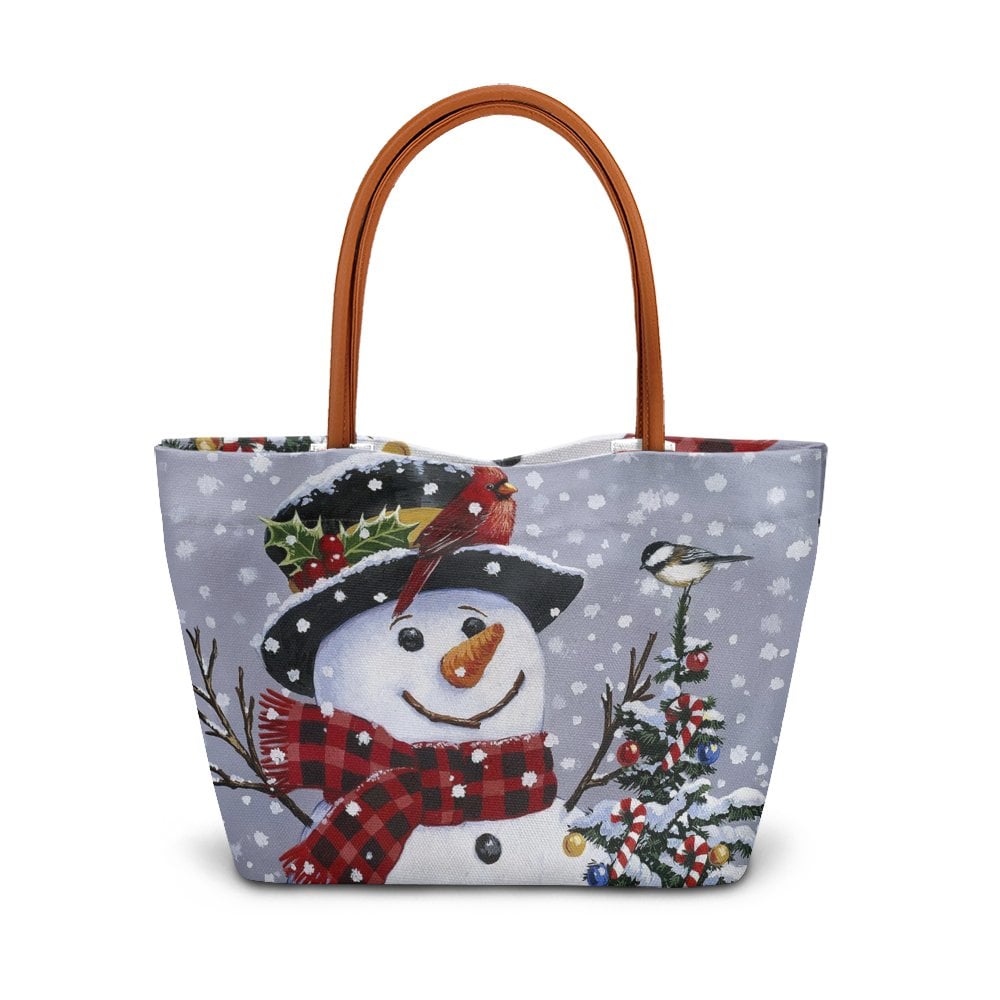 Winter Holiday Tree Tote Bag, Christmas Snowman and Cardinal Tote Bag, Festive Seasonal Shoulder Tote Bag, Large Daily Handba