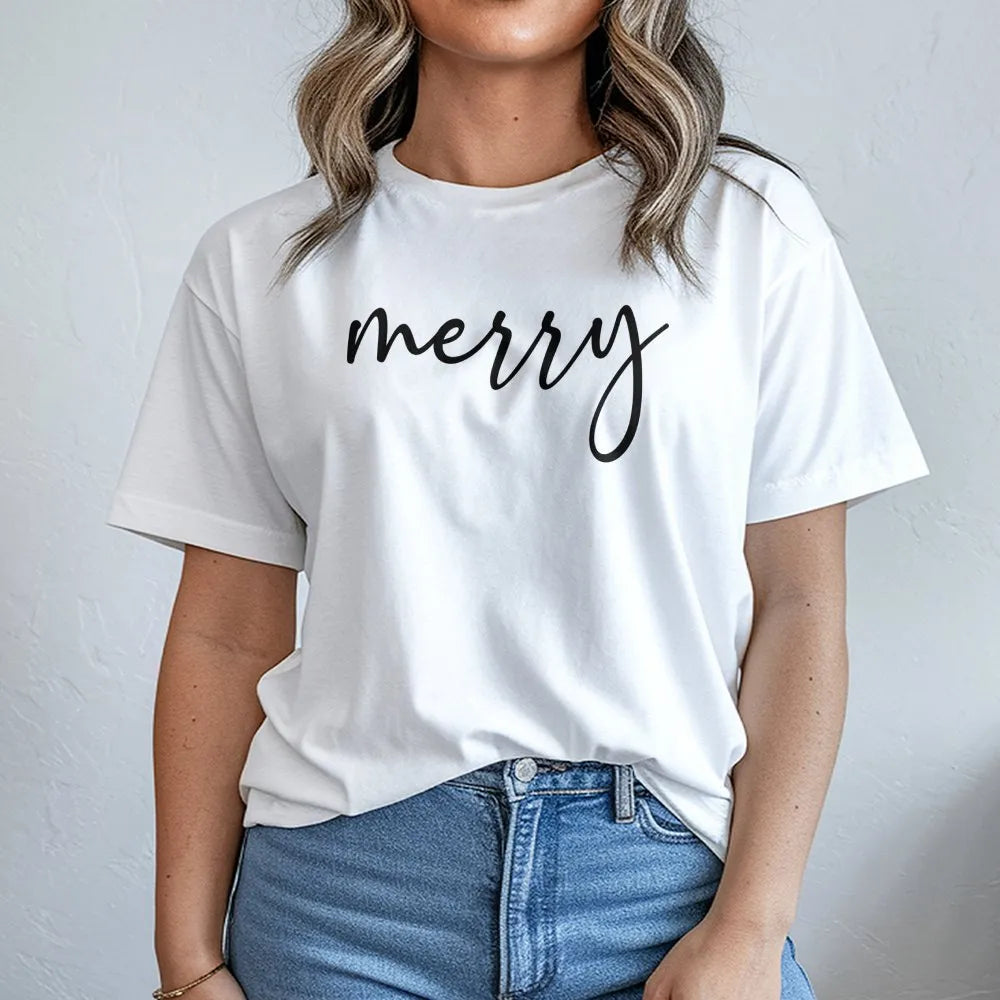 Cursive Script Holiday Typography Tee, Minimalist Merry Christmas T-Shirt, Adorable Simple Christmas Shirt, Winter Festive Ou