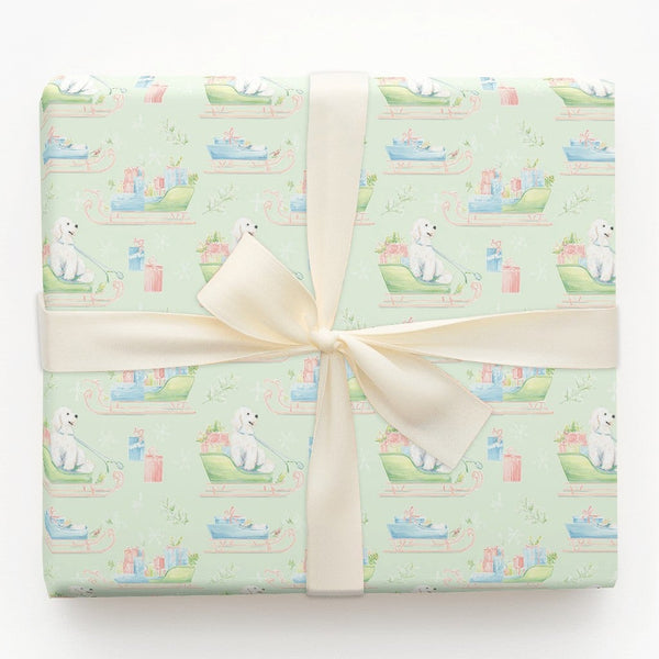Adorable Puppy Christmas Gift Wrap, Watercolor Dog Sleigh Wrapping Paper, Mint Holiday Dog Wrapping Paper, Winter Pet Lover P