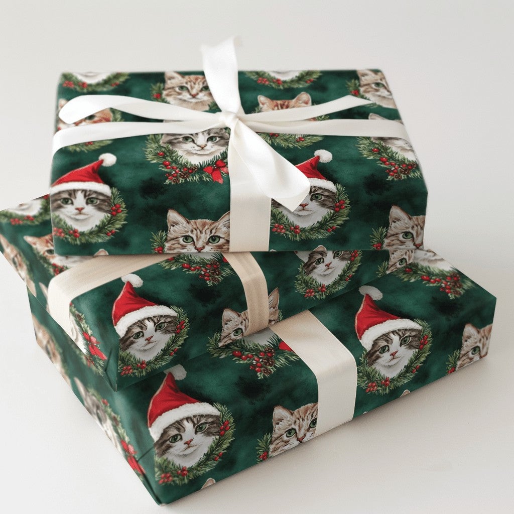 Santa Hat Kitten Gift Wrap, Christmas Cat Wrapping Paper, Holiday Wreath Cat Wrapping Paper, Festive Green Holiday Pet Lover 