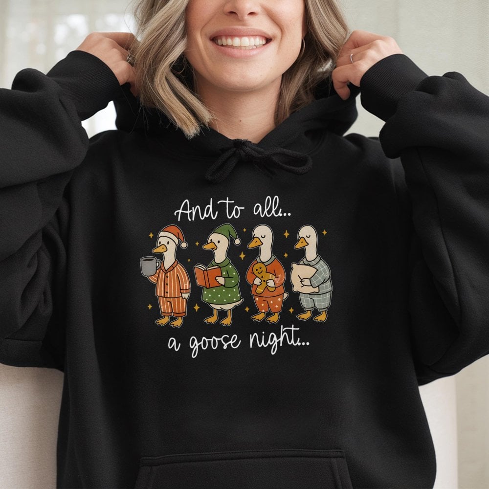 Adorable Pajama Geese Graphic Hooded Sweatshirt, Goose Christmas Hoodie, Silly Goose Holiday Pullover, Humorous Xmas Present 