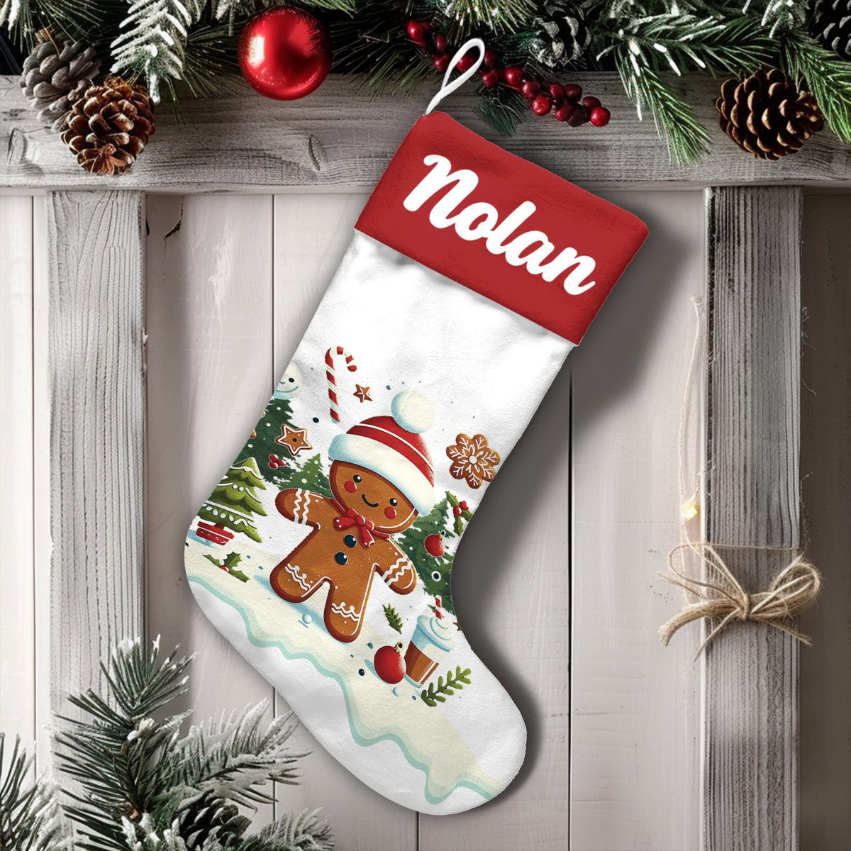 Custom Name Gingerbread Holiday Stocking, Personalized Gingerbread Christmas Stocking, Adorable Xmas Cookie Stocking, Kids Fa