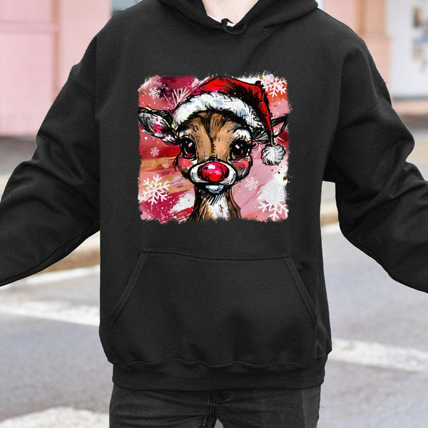 Watercolor Holiday Deer Sweatshirt, Adorable Reindeer Christmas Hoodie, Festive Winter Reindeer Hoodie, Comfy Animal Pullover