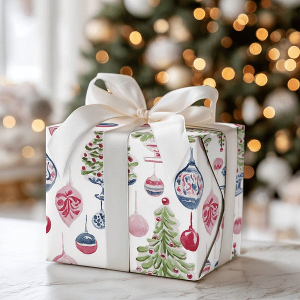 Potted Tree Holiday Gift Wrap, Watercolor Christmas Tree Wrapping Paper, Hanging Ornament Wrapping Paper, Festive Christmas P