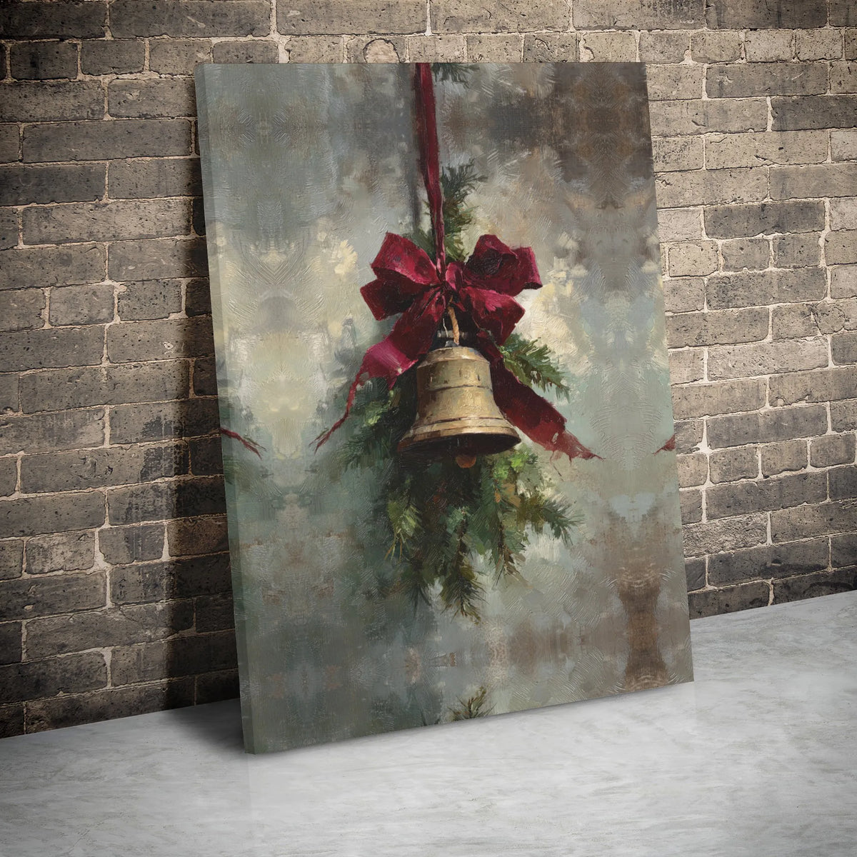 Red Bow Pine Branch Canvas Print, Vintage Christmas Bell Canvas Art, Holiday Wall Decor, Winter Painting Wall Art Canvas
