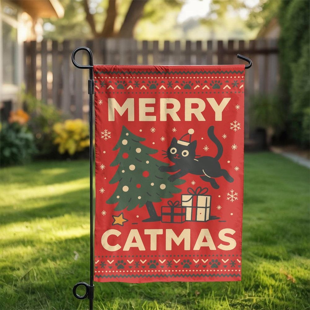 Humorous Black Cat Christmas Garden Flag, Merry Catmas Garden Flag, Holiday Kitten Garden Flag, Winter Xmas Yard Banner, Cat 