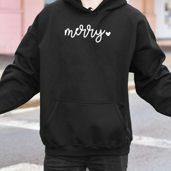 Minimalist Script Heart Sweatshirt, Merry Christmas Hoodie, Comfy Holiday Season Pullover, Adorable Festive Winter Hooded Swe
