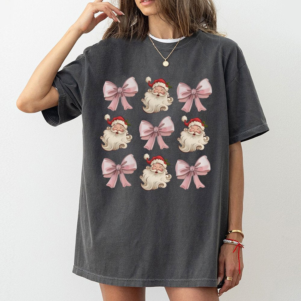 Retro Santa Claus Face Graphic Tee, Christmas Coquette Bow Santa T-Shirt, Pink Holiday Bow Aesthetic Shirt, Adorable Festive 