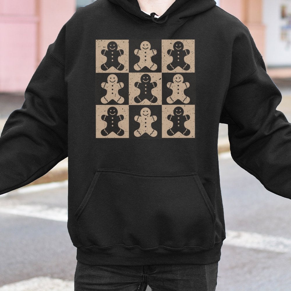 Checkered Christmas Hoodie, Gingerbread Man Hoodie, Adorable Xmas Baking Hooded Sweatshirt, Retro Holiday Cookie Hoodie, Bake