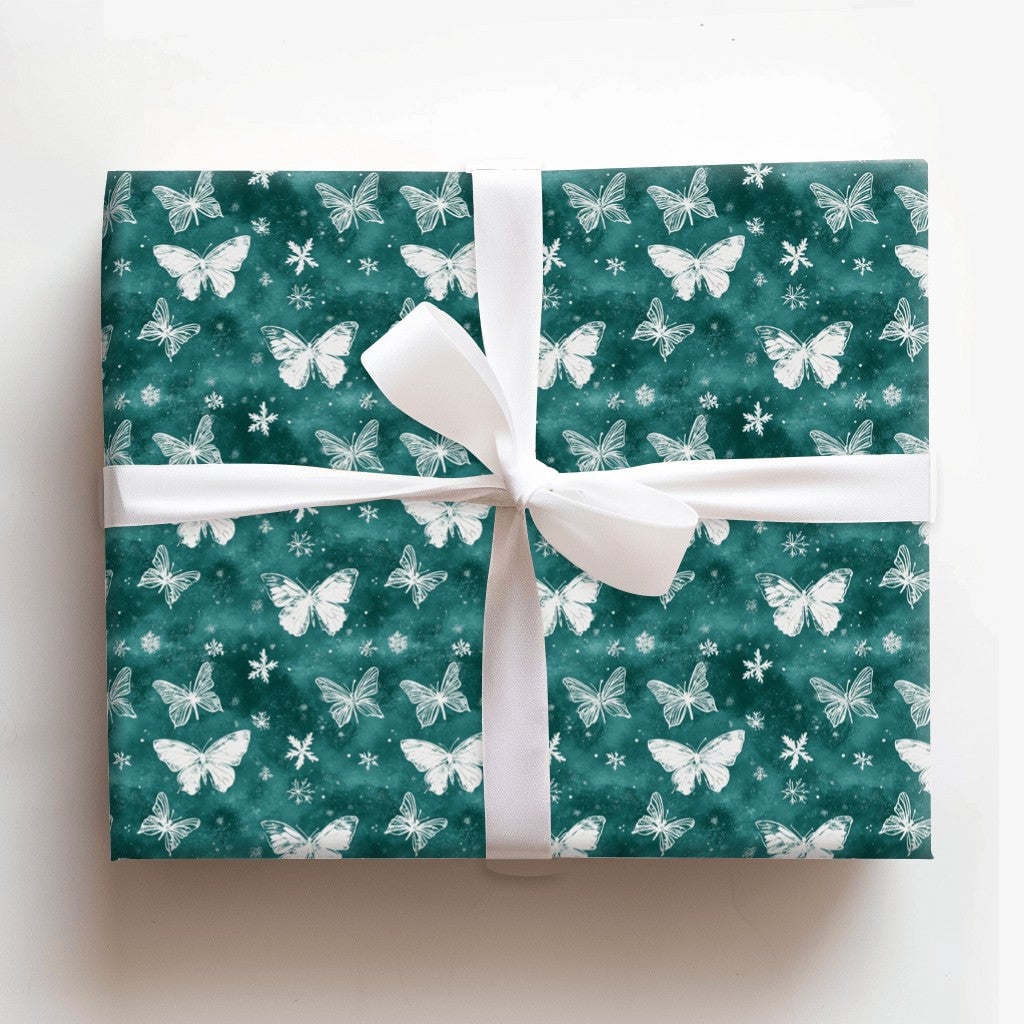 Teal Snowflake Gift Wrap, Winter Butterfly Wrapping Paper, Elegant Nature Holiday Wrapping Paper, Christmas and Birthday Pres