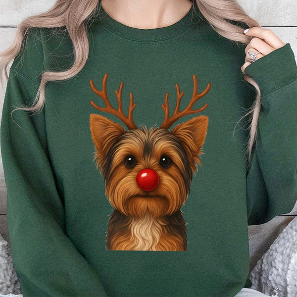 Reindeer Dog Holiday Sweater, Yorkie Christmas Sweatshirt, Humorous Yorkshire Terrier Xmas Crewneck, Adorable Pet Lover Chris