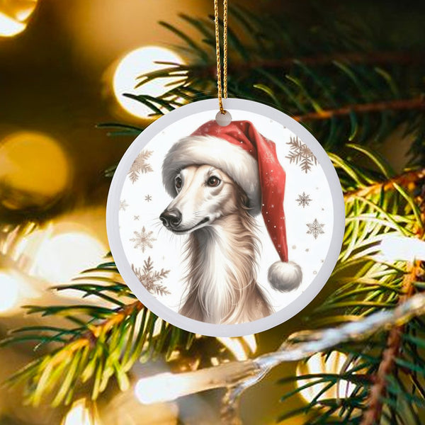 Santa Hat Snowflake Ceramic Ornament, Saluki Dog Christmas Ornament, Sighthound Holiday Tree Keepsake, Dog Lover Pet Memorial