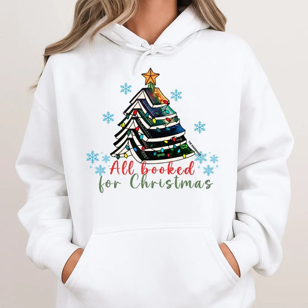 Book Lover Christmas Tree Hoodie, All Booked for Christmas Hoodie, Bookish Holiday Hooded Sweatshirt, Reader Christmas Tree P