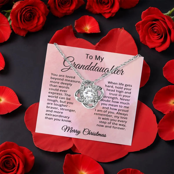 Sparkling CZ Crystal Necklace, Granddaughter Christmas Love Knot Necklace, Rose Box Pendant Necklace, Holiday Jewelry Keepsak