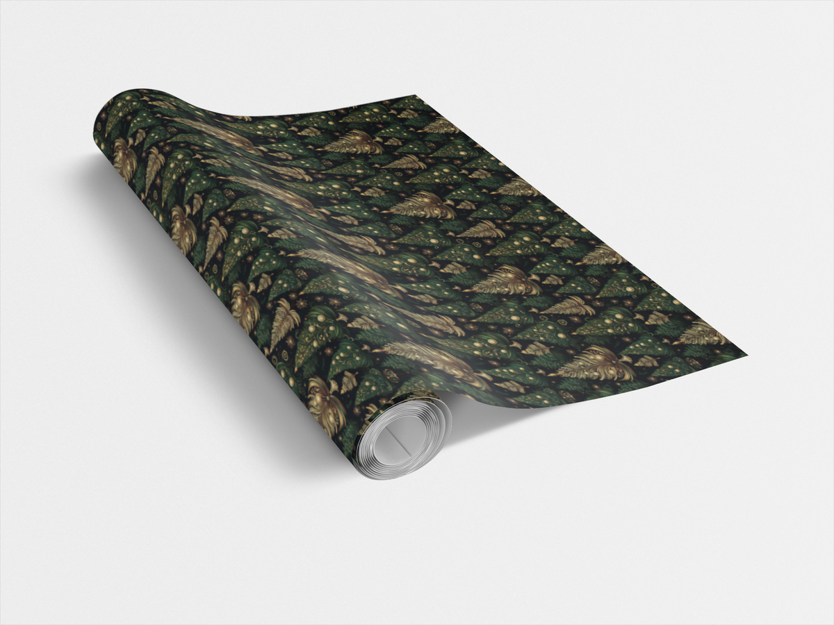 Gold Emerald Pine Tree Gift Wrap, Enchanted Forest Christmas Wrapping Paper, Woodland Holiday Gift Wrap Roll, Festive Winter 