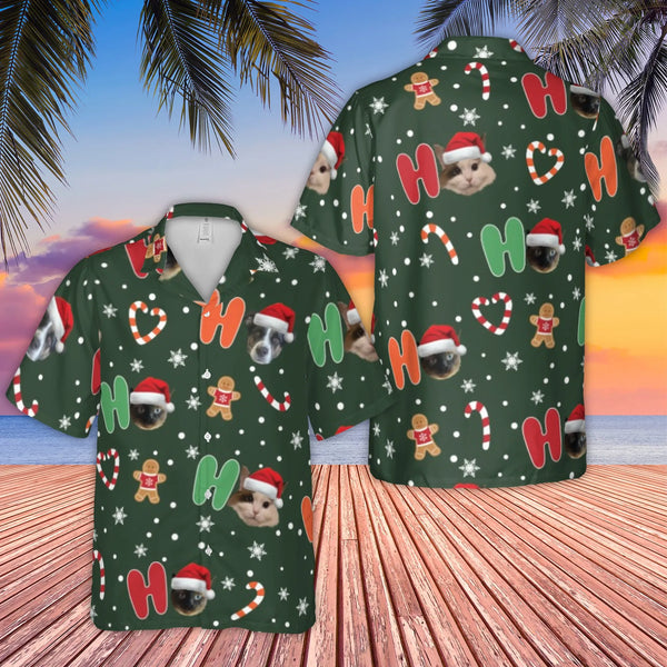 Personalized Dog Cat Hawaiian Shirt, Custom Pet Photo Hawaiian Shirt, Ho Ho Ho Christmas Island Shirt, Holiday Pet Lover Butt