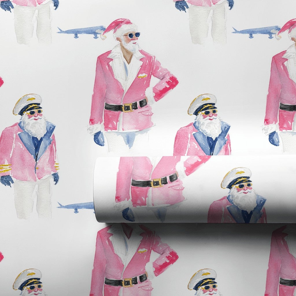 Pink Santa Claus Gift Wrap, Pilot Santa Wrapping Paper, Aviation Travel Christmas Paper, Adorable Airplane Gift Wrap, Holiday