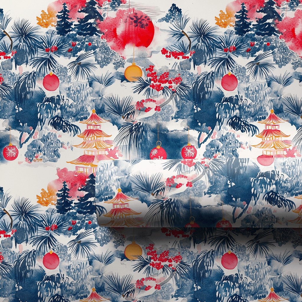 Asian Pagoda Holiday Gift Wrap, Chinoiserie Christmas Wrapping Paper, Fu Character Wrapping Paper, Winter Pine Tree Holiday W