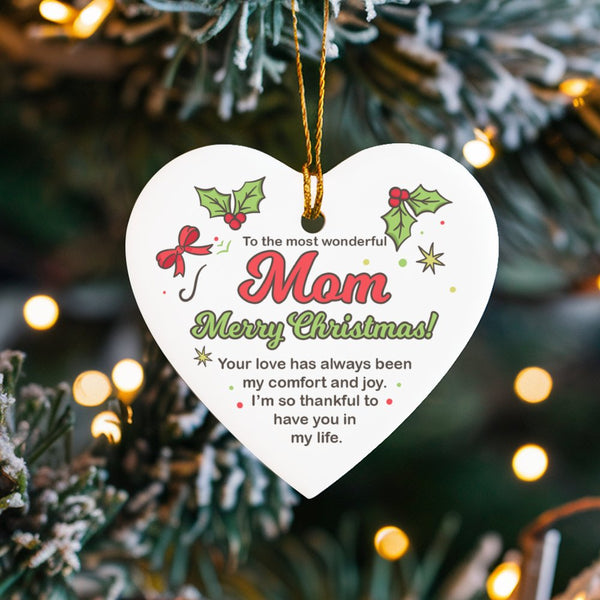 Heart Ceramic Ornament, Merry Christmas Mom Ceramic Ornament, Mother Keepsake Holiday Ornament, Daughter Son Tree Decor, Xmas
