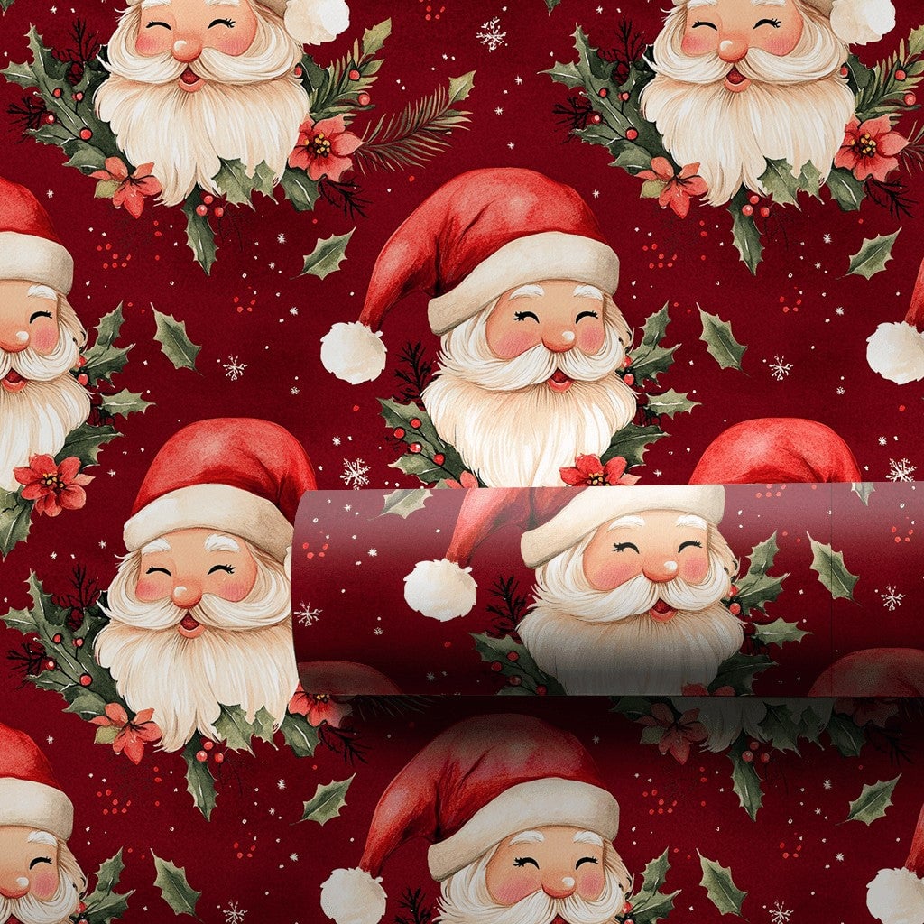 Vintage Christmas Gift Wrap, Jolly Santa Claus Wrapping Paper, Winking Santa Holiday Wrapping Paper, Red Poinsettia Gift Wrap