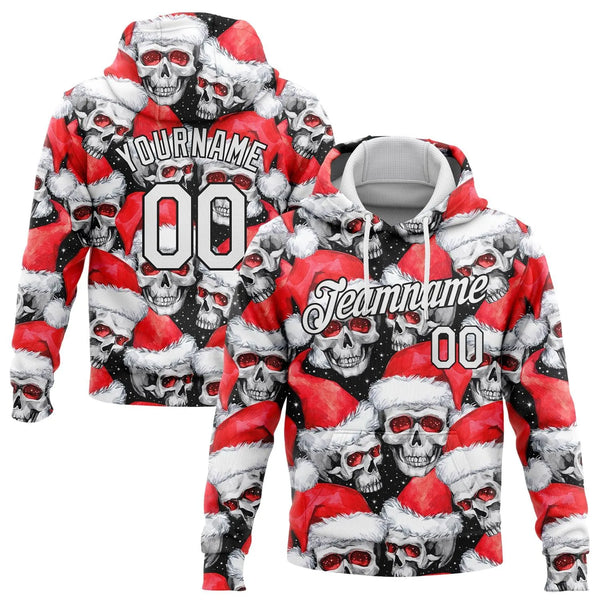 Personalized Santa Hat Hoodie, Custom Christmas Skull Hoodie, Stitched Name Number Holiday Hoodie, Xmas Skull Sweatshirt Pres