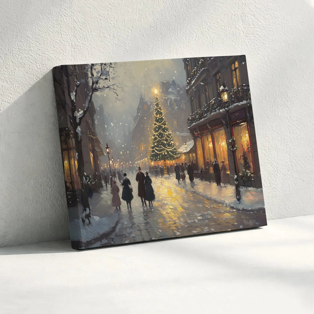 Snowy European City Wall Art, Victorian Christmas Street Scene Canvas, Festive Winter Oil Painting Print, Holiday Christmas T