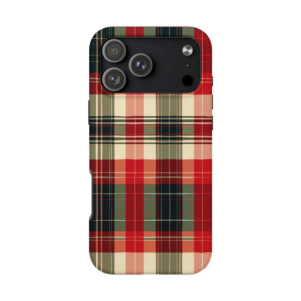 Tartan Pattern Phone Case, Red Green Christmas Plaid iPhone Case, Holiday Seasonal Phone Cover, Festive Winter Tough Phone Ca