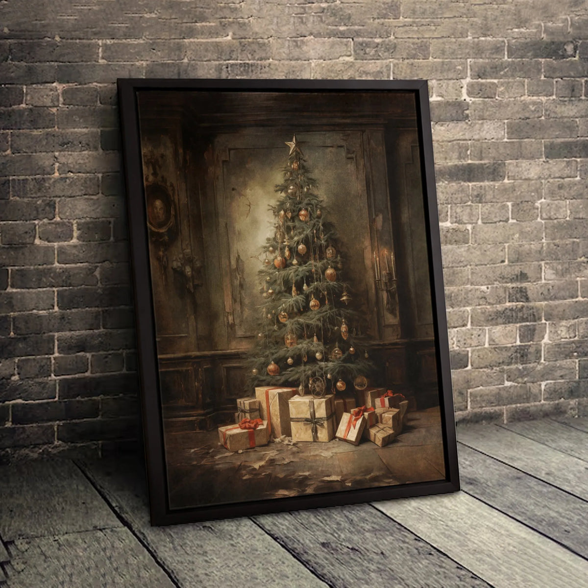 Old World Christmas Canvas Art, Vintage Christmas Tree Wall Art Digital Download, Rustic Holiday Tree Painting, Printable Chr