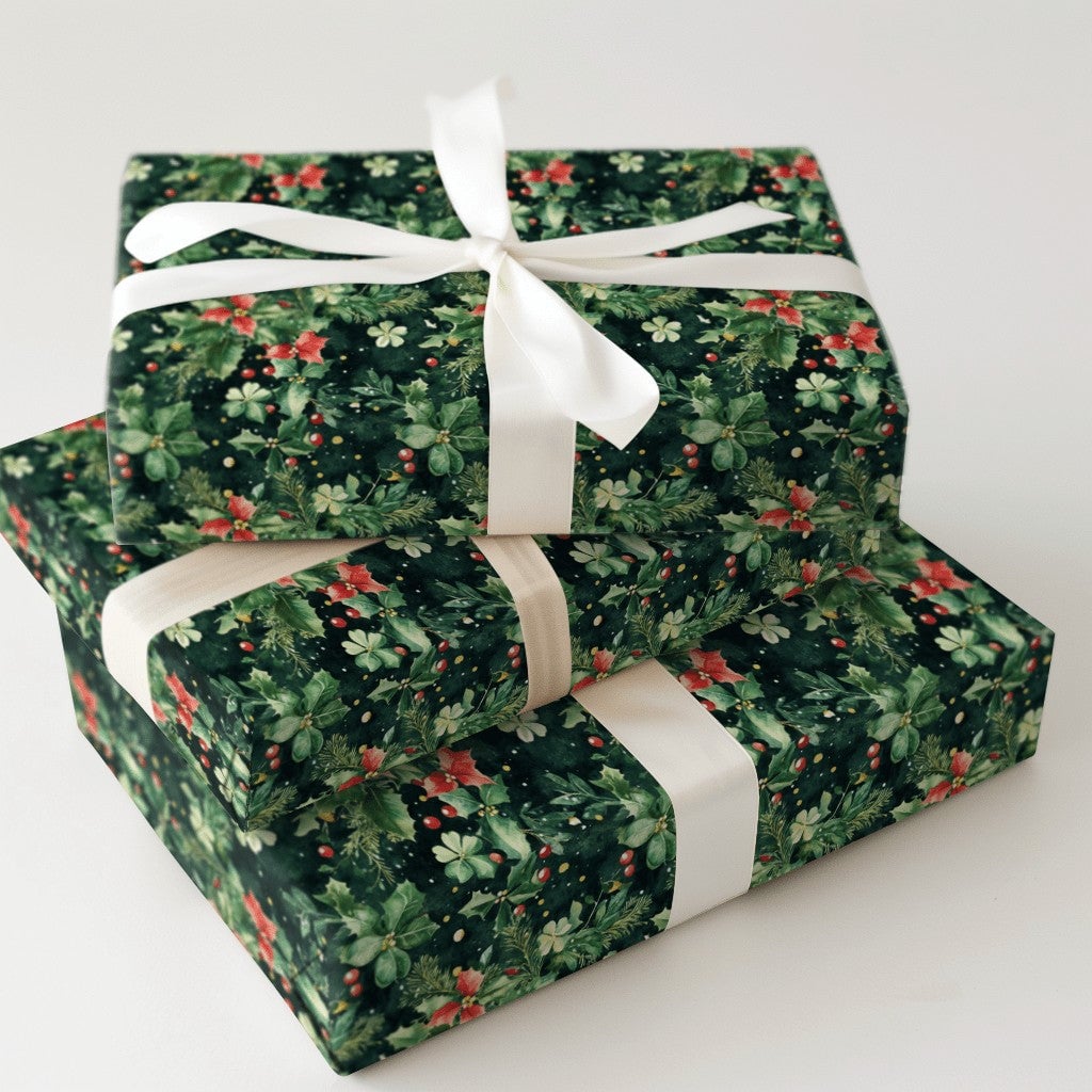 Pine Holly Christmas Gift Wrap, Watercolor Poinsettia Wrapping Paper, Botanical Winter Wrapping Paper, Traditional Holiday Wr