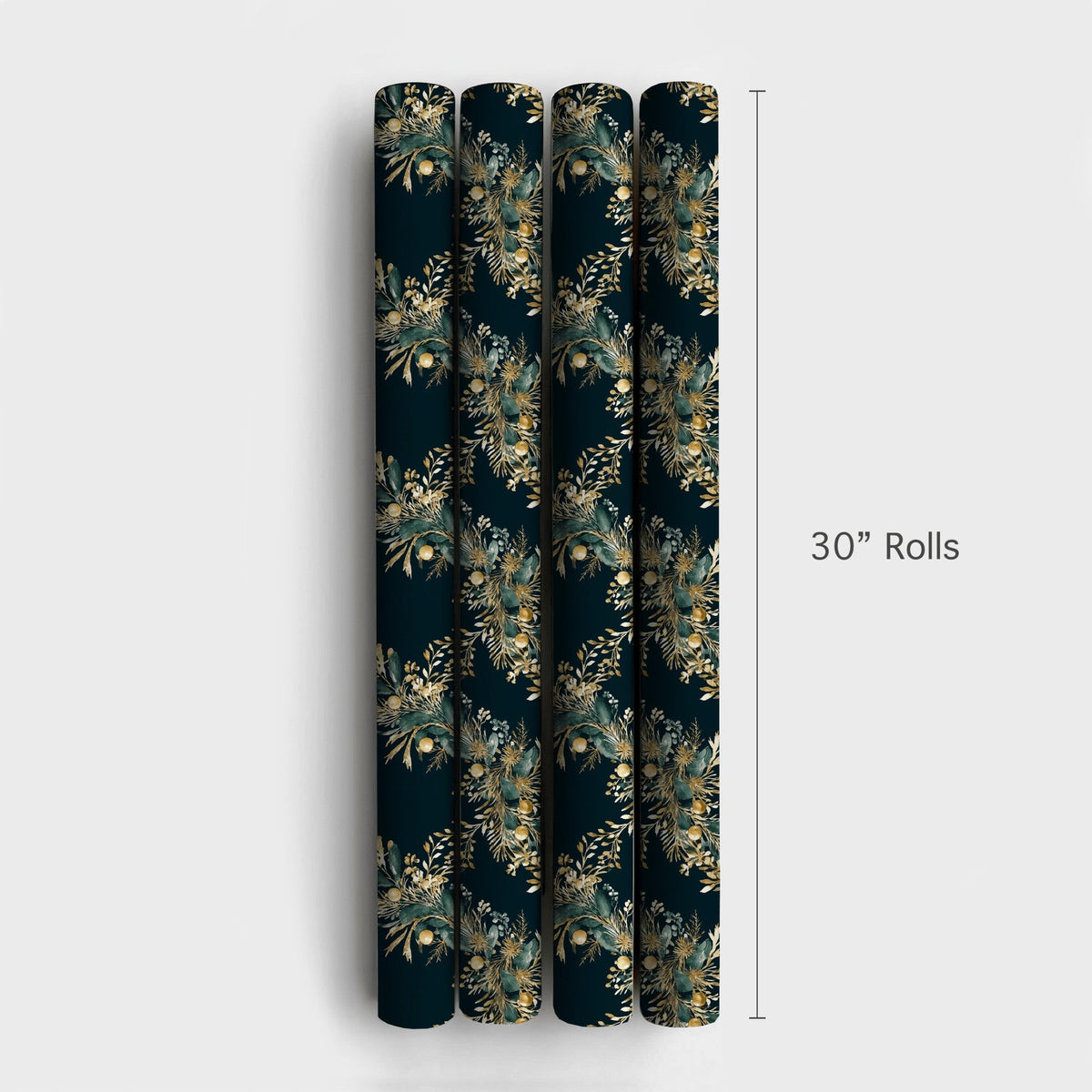 Elegant Gold Green Gift Wrap Roll, Botanical Wreath Christmas Wrapping Paper, Winter Holiday Present Paper, Dark Floral Gift 