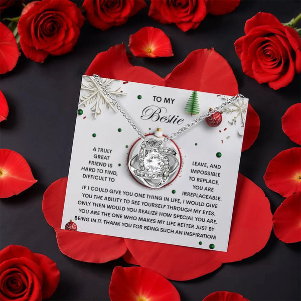 Best Friend Friendship Knot Necklace, Bestie Love Knot Necklace, CZ Crystal Pendant Necklace, Rotating Rose Box, Birthday Chr
