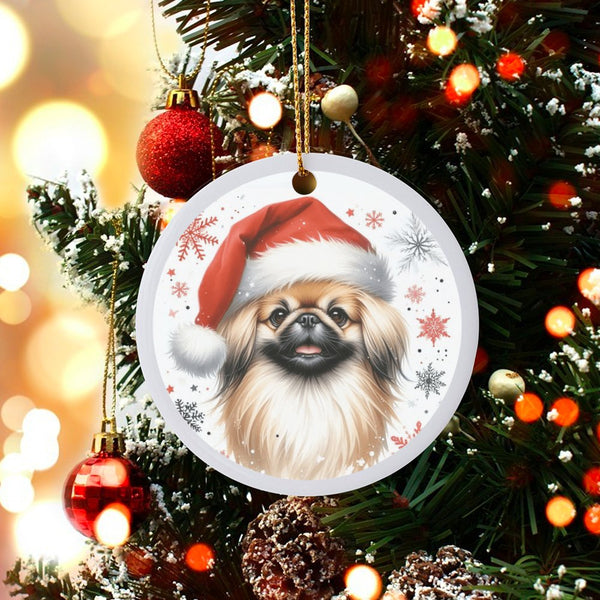 Adorable Pekingese Dog Ornament, Pekingese Santa Hat Christmas Ornament, Holiday Puppy Tree Ornament, Dog Lover Ceramic Ornam