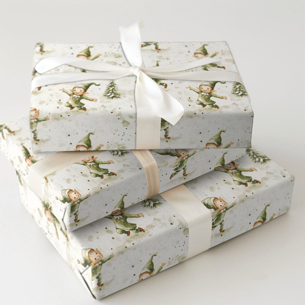 Watercolor Christmas Elves Gift Wrap, Dancing Elves Wrapping Paper, Festive Pine Tree Holiday Paper Roll, Adorable Elf Xmas W
