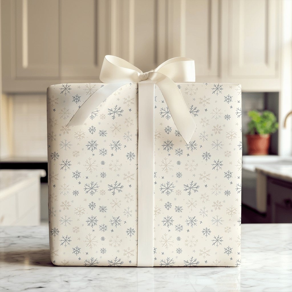 Neutral Winter Gift Wrap, Muted Snowflake Wrapping Paper, Minimalist Blue Beige Wrapping Paper, Elegant Christmas Holiday Wra