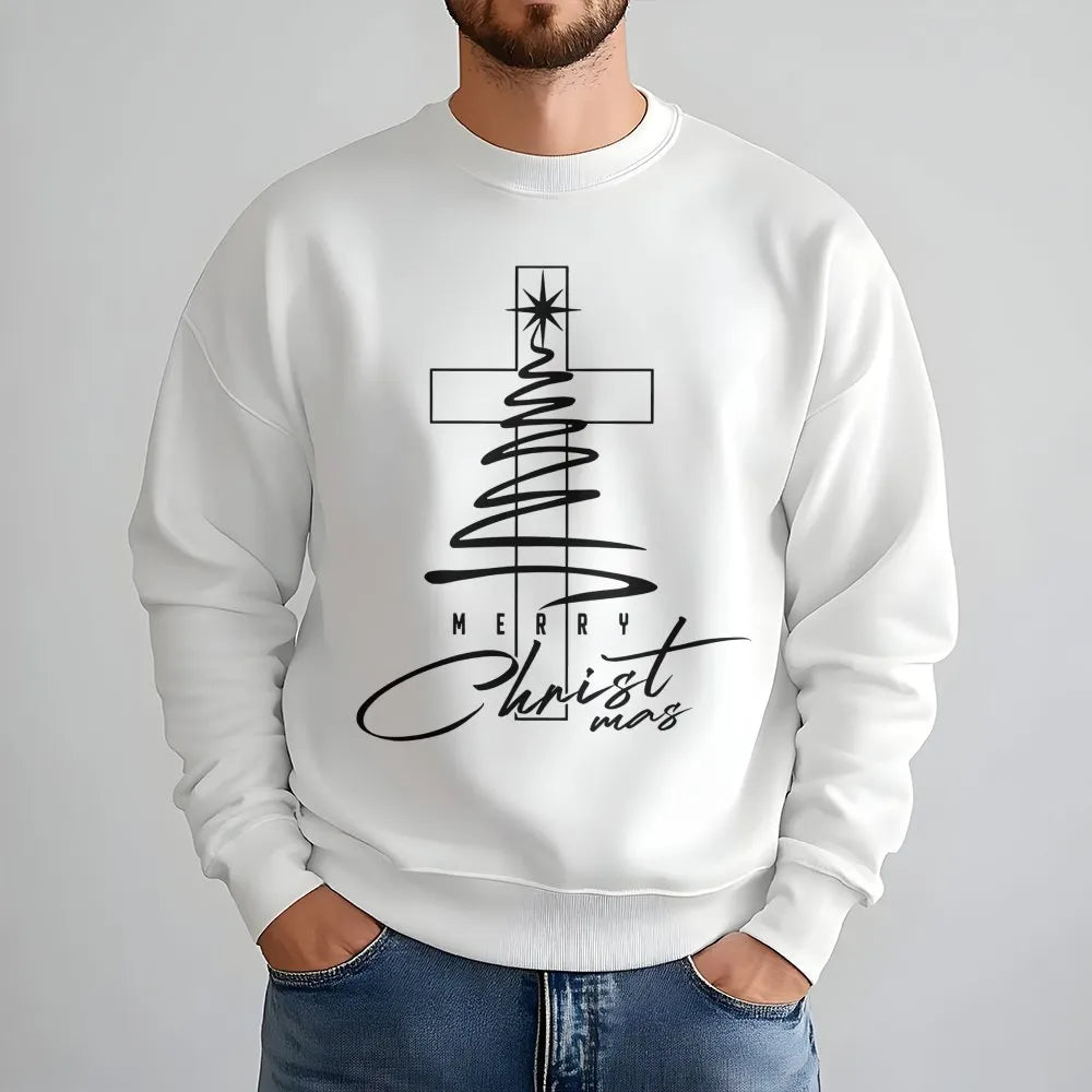 Minimal Cross Tree Crewneck, Christian Christmas Sweatshirt, Religious Holiday Sweatshirt, Faith Based Pullover, Christian Pr