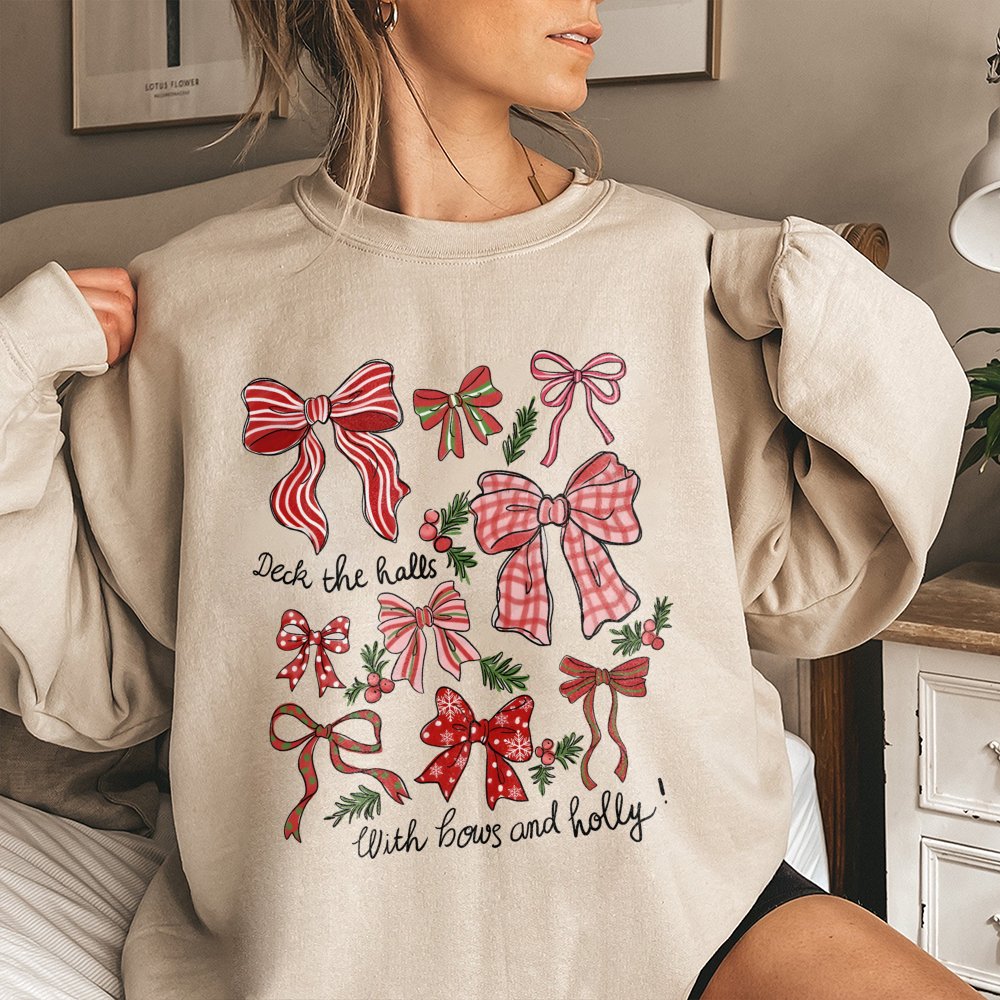Deck the Halls Sweatshirt, Christmas Bows Sweatshirt, Coquette Holiday Bow Sweatshirt, Retro Winter Graphic Sweater, Christma